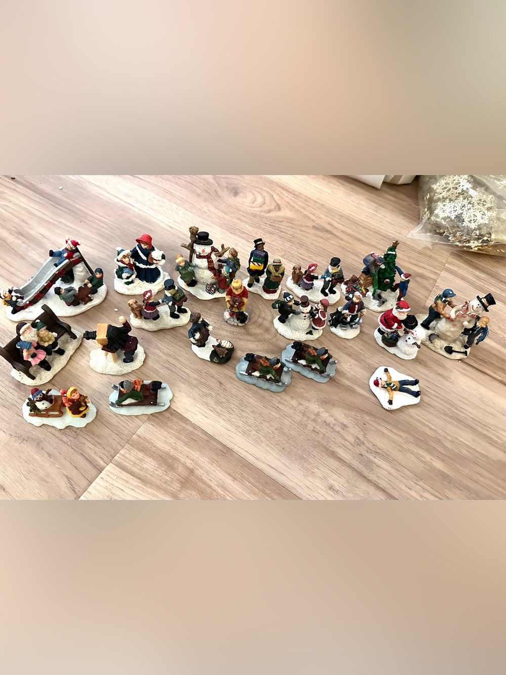 Christmas Village Winter Figurine Lot- 20 pieces- Sledding, Santa & More